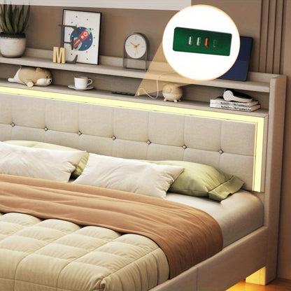 Bed – Eenpersoonsbed – Tweepersoonsbed – Boxspring – Opbergbed – 140x200 cm – Linnen Bekleding – Verborgen Onderstel