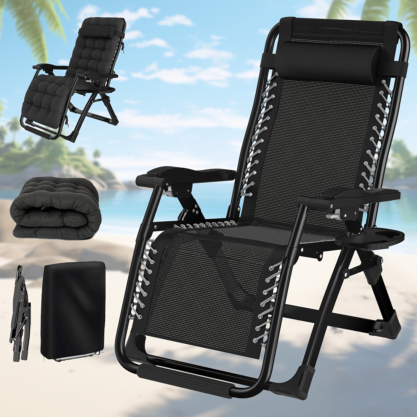Folding deck chair with cushions, sun lounger for garden, terrace, beach and pool - Folding lounge chair with cushions, load capacity 200kg