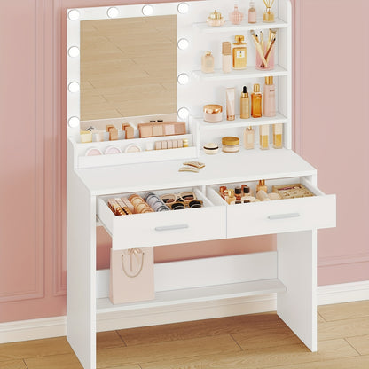 Dressing Table – Make-up Tafel – Vanity – Make-up Spiegel – Kaptafel – LED Verlichting – 90 cm Wit – 3 Helderheidsniveaus – 2 Laden & 4 Open Vakken
