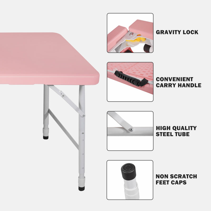 125cm Portable Heavy Duty Folding Table with Handle, Adjustable Height Foldable Table, Multi-Functional Fold up Table for Camping Picnic Parties Indoor/Outdoor, Capacity Weight 135KG (Pink)