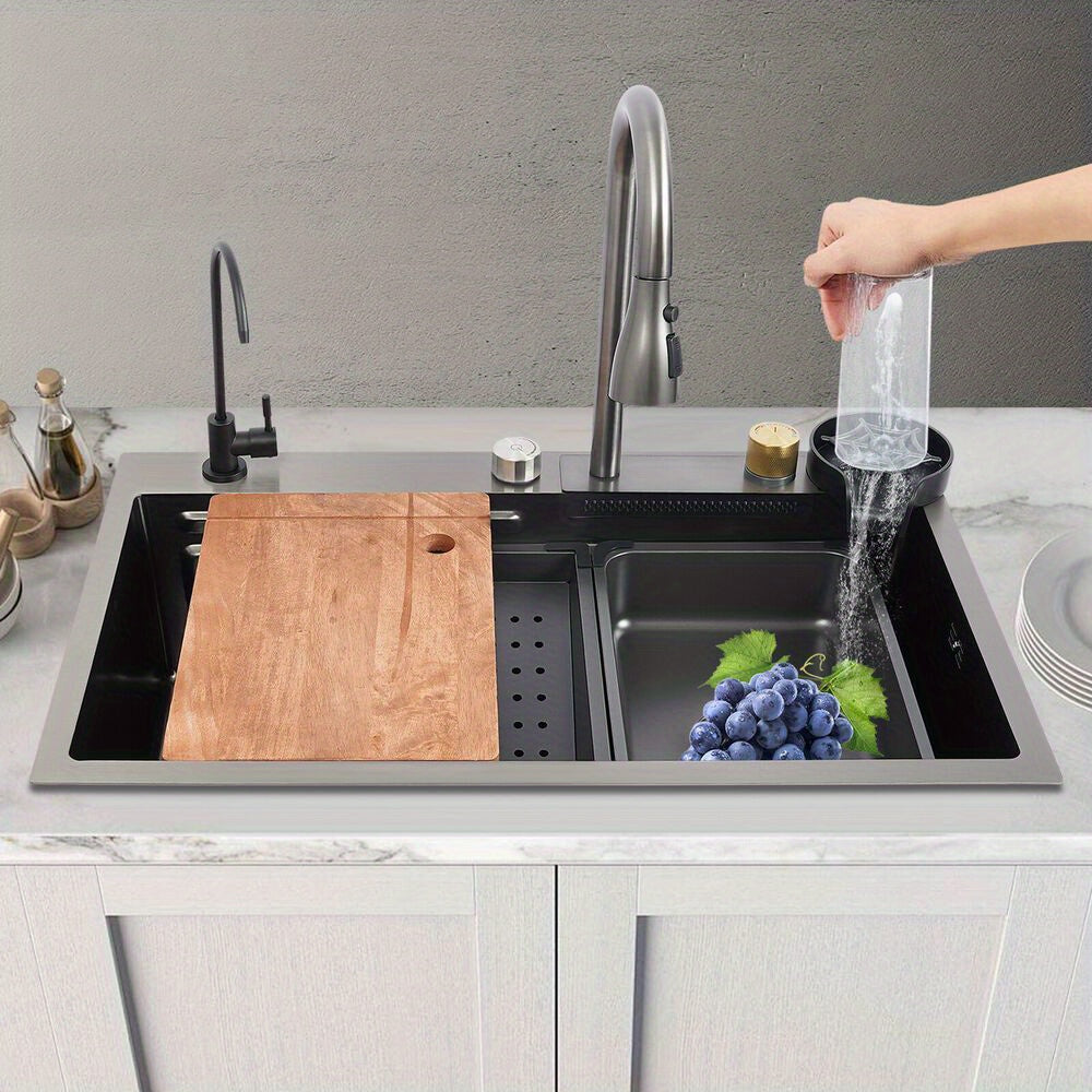 Keukenspoelbak – Gootsteen – Wasbak – Spoelbak – Enkele Spoelbak – RVS – Matzwart – Groot Enkelvoudig Bassin 75x45 cm – Inclusief Afdruipblad en Uittrekbare Kraan