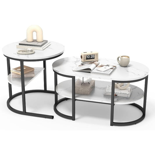 Salontafel – Woonkamertafel – Bijzettafel – Koffietafel – Set Van 2 Ronde En Ovale Tafels – Dubbele Opbergruimte – Stevig Metalen Frame