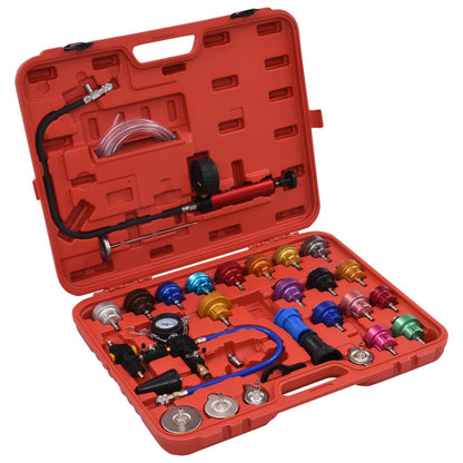 Radiatordruktester – Koelvloeistoftester – Koelsysteemtester – Lekdetectieapparaat – Radiatorlekkage Checker – Aluminium Uitvoering – Kleurgecodeerde Doppen