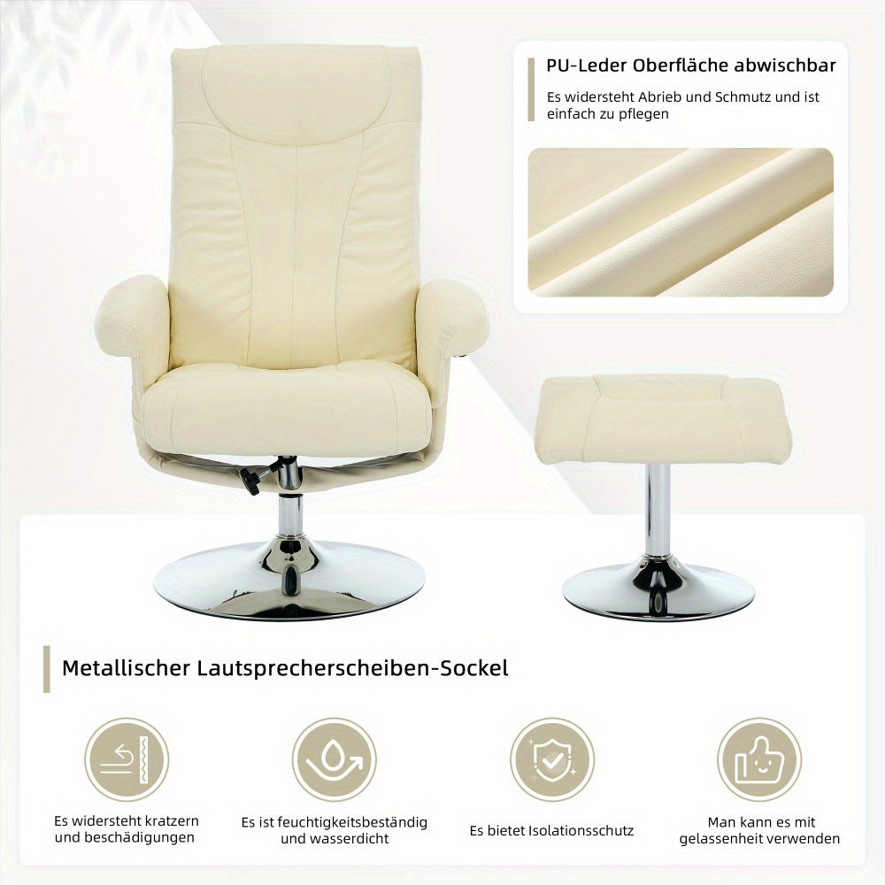 Modern Recliner Chair with 5-Point Massage, 360° Swivel & Footstool - Ergonomic Design, Beige PU Fabric, Adjustable Height, No Power Needed, Easy Assembly for Living Room, Office, or Home Theater, Office Relaxation, Contempo
