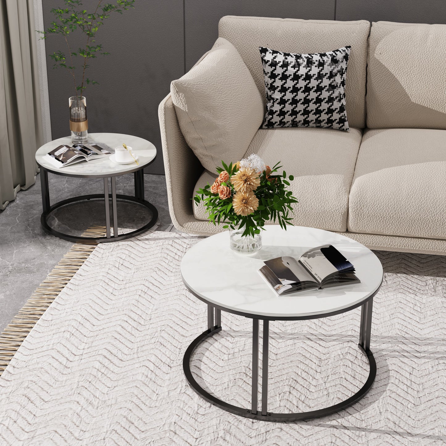 Salontafel – Bijzettafel – Woonkamertafel – Koffietafel – Nestbare Tafels – Set Van 2 – Wit Marmerlook – Zwart Metalen Frame – Groot 70x40 cm – Klein 57x35 cm