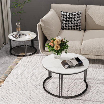 Salontafel – Bijzettafel – Woonkamertafel – Koffietafel – Nestbare Tafels – Set Van 2 – Wit Marmerlook – Zwart Metalen Frame – Groot 70x40 cm – Klein 57x35 cm