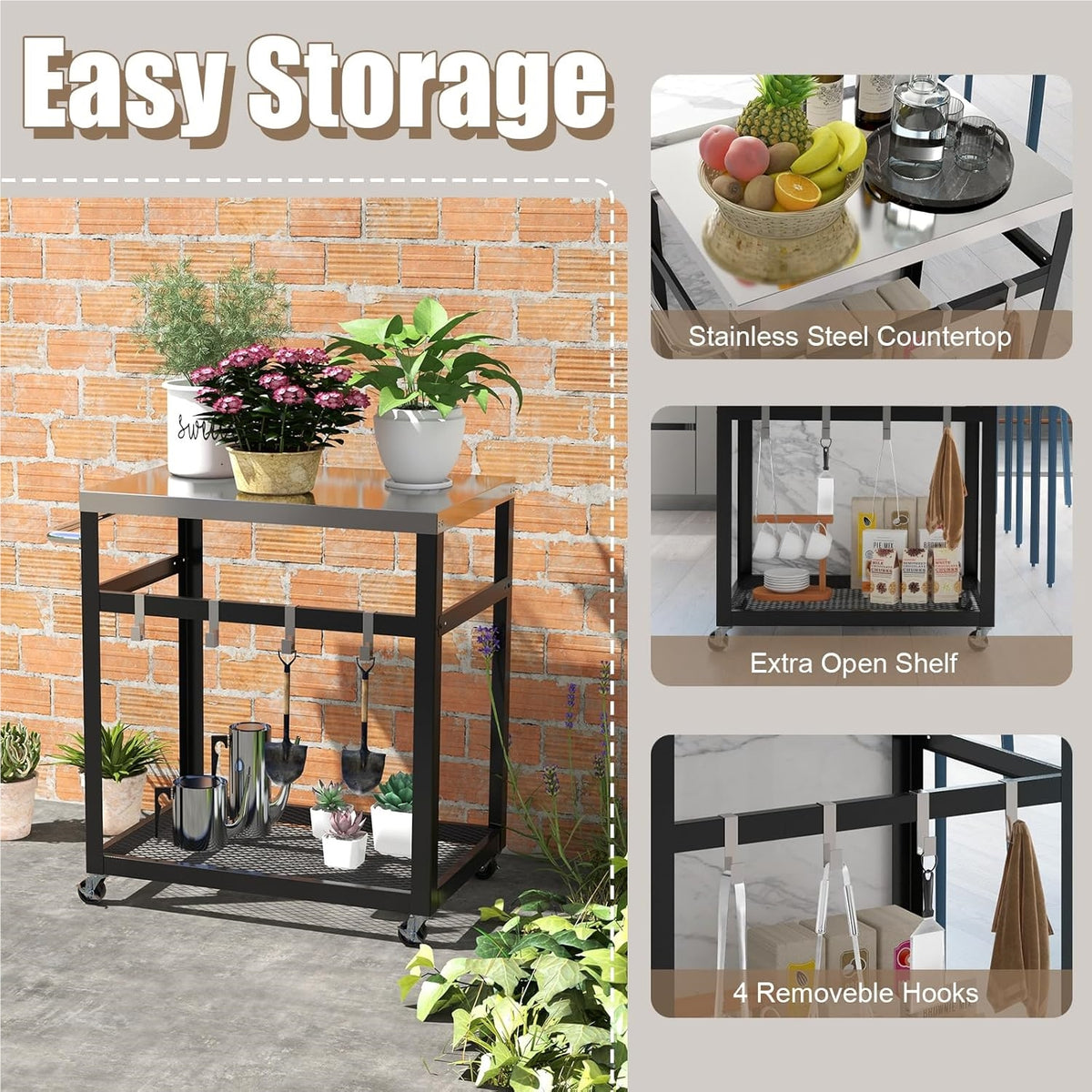 Keukentrolley – Barbecuewagen – Serveerwagen – Werktafel – Opbergtrolley – Met Roestvrijstalen Werkblad – Stevig Metalen Frame