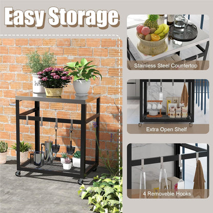 Keukentrolley – Barbecuewagen – Serveerwagen – Werktafel – Opbergtrolley – Met Roestvrijstalen Werkblad – Stevig Metalen Frame