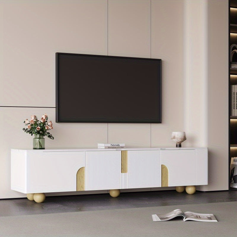 Tv-meubel – TV-kast – Tv-dressoir – Mediameubel – Witte uitvoering – 180 cm breed – Marmer-look oppervlak – Bolvormige houten poten