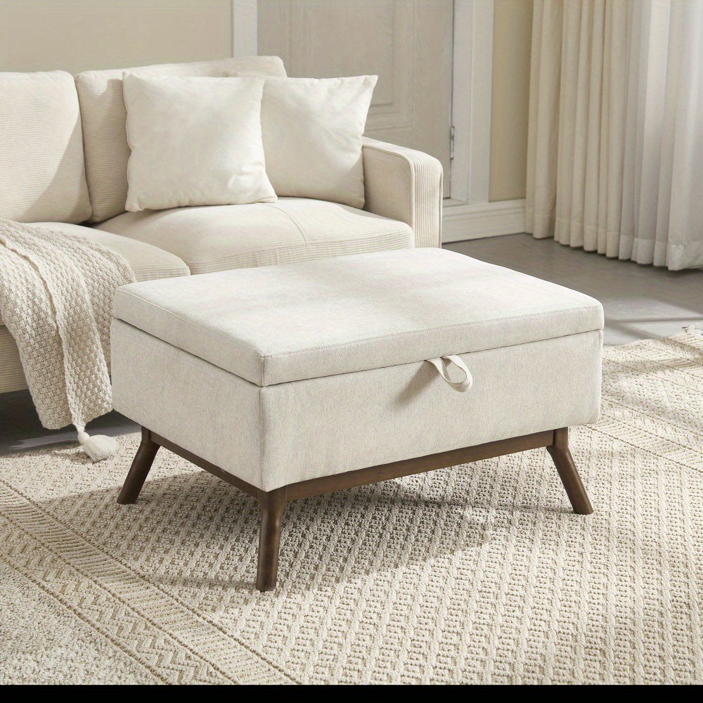 Opbergpoef – Opbergbox – Zitkussen – Poefbank – Voetenbank – Beige – Mid-Century Modern – Microvezel Bekleding – Houten Frame – Ruime Opbergruimte – Lichtgewicht & Compact