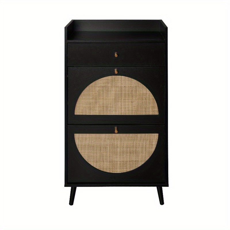 Schoenenkast Rattan – Schoenopberger – Schoenrek – Schoenopslag – Halmeubel – 2 Deuren 1 Lade – Compact 60cm Zwart