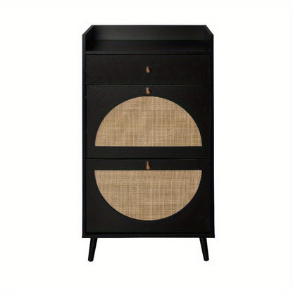 Schoenenkast Rattan – Schoenopberger – Schoenrek – Schoenopslag – Halmeubel – 2 Deuren 1 Lade – Compact 60cm Zwart