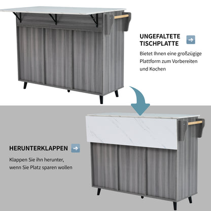 Keukentrolley – Keukenwagen – Keukenkast – Serveerwagen – Opbergtrolley – Inklapbaar Tafelblad – 5 Wieltjes Mobiliteit – Ruimtebesparend Design – Duurzaam Niet-Houten Materiaal – Khaki Grijs met Gouden Poten