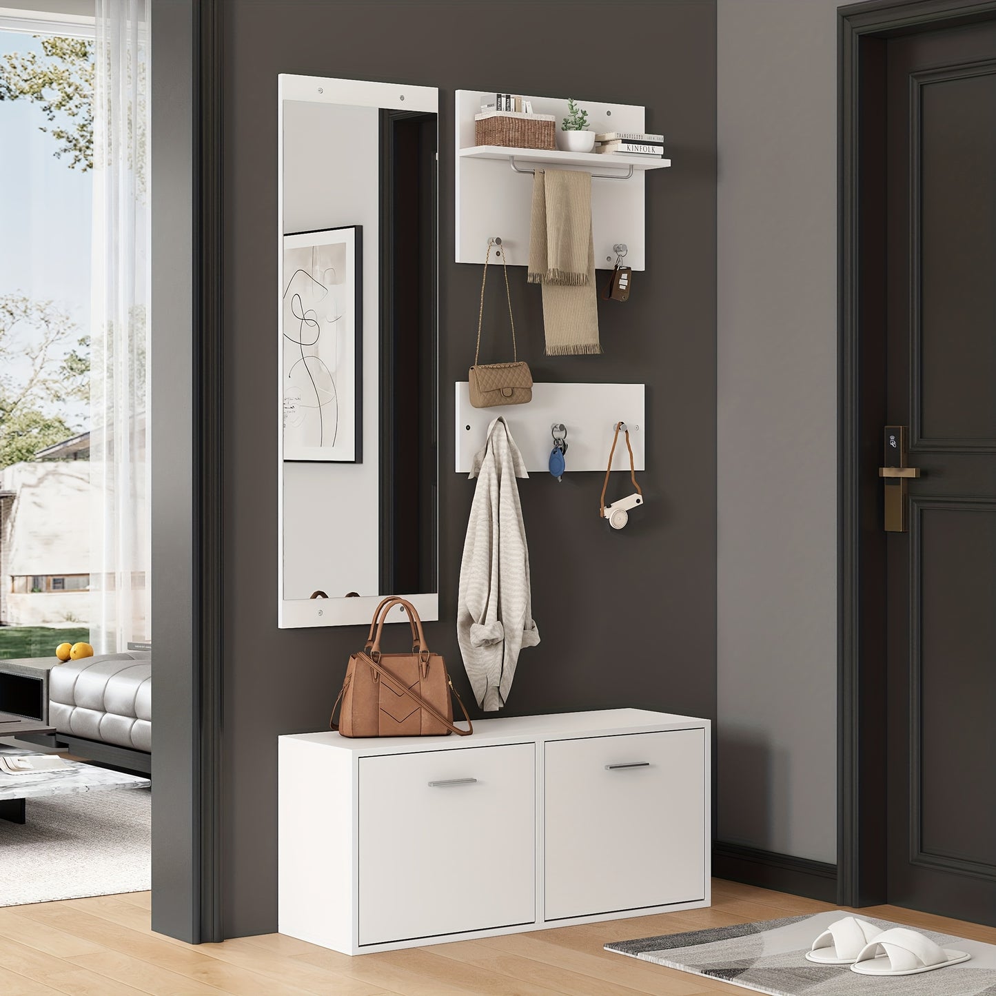 4pcs White Modern Classic Entryway Hallway Wardrobe Set with Mirror, 2 Hat Racks, Shoe Cabinet & 6 Coat Hooks - Space-Saving Compact Storage Cabinet with Doors, Easy Assembly, Floor-Standing Design for Small Spaces, Apartment