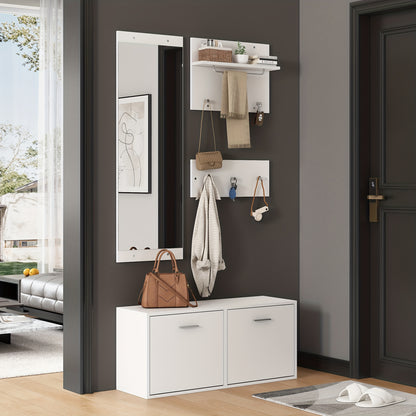 4pcs White Modern Classic Entryway Hallway Wardrobe Set with Mirror, 2 Hat Racks, Shoe Cabinet & 6 Coat Hooks - Space-Saving Compact Storage Cabinet with Doors, Easy Assembly, Floor-Standing Design for Small Spaces, Apartment
