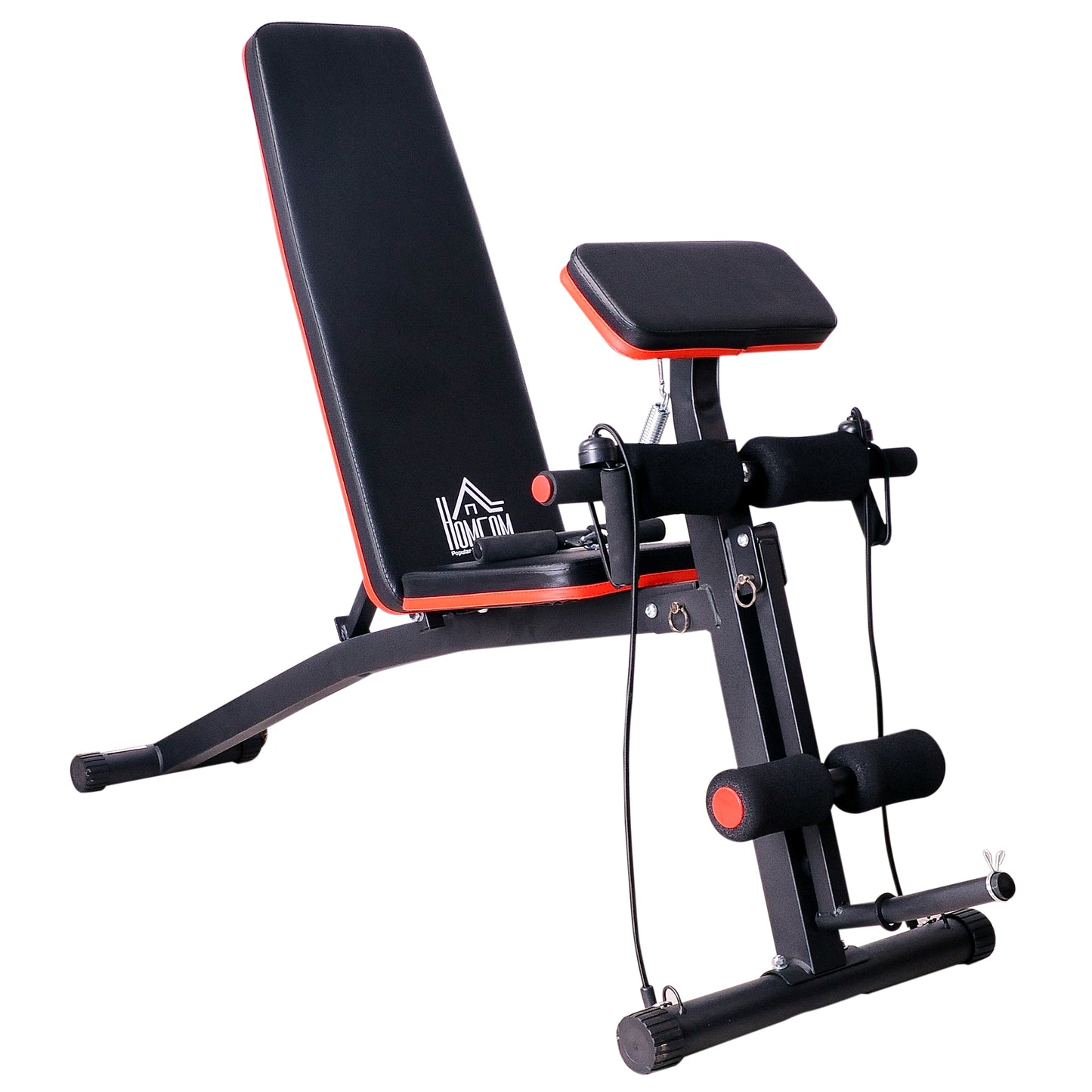 Verstelbare Halterbank – Gewichtbank – Fitnessbank – Trainingsbank – Bank Voor Krachttraining – Inklapbaar – Versterkt Stalen Frame – Elastische Weerstandsbanden + Dumbbellhouder – Zwart/rood