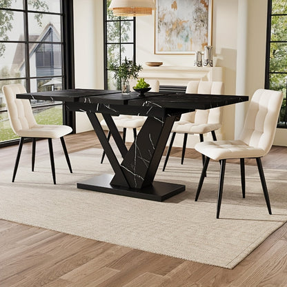 Extendable Dining Table (120-160 * 75cm), Table, Kitchen Table, Extendable Table, Can Be Extended to 120-160cm with The Help Of Internal Inserts, Suitable for Kitchen And Living Room, Black Marble Pattern Dining Table