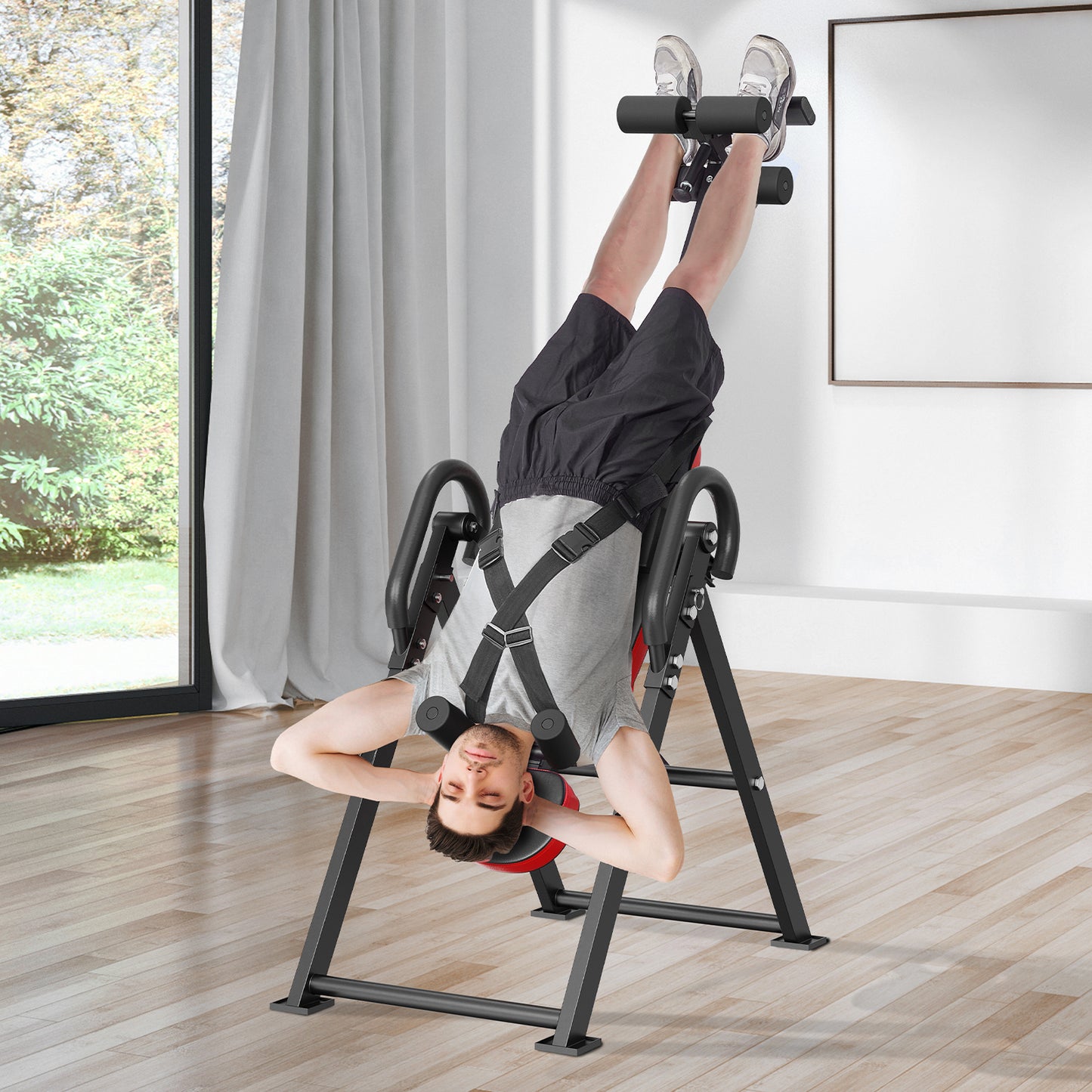 Omgekeerde Tafel – Inversietafel – Rugtrainer – Stretchtafel – Fitnessbank – Inklapbaar Ontwerp – Verstelbare Hoogte 150-190 cm – Robuust Stalen Frame – Veiligheidsgordels en Antislip Handgrepen – Rood/Zwart