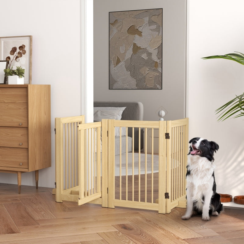Hondenrek – Hondenhek – Hondenbarrière – Veiligheidshek – Houten Hondenbarrière – 4-delig Vouwbaar – Met Deur – Vrijstaand Met 2 Steunpoten – Afm. 204x75 cm
