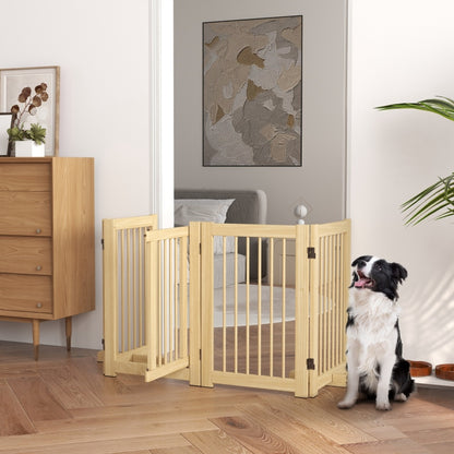 Hondenrek – Hondenhek – Hondenbarrière – Veiligheidshek – Houten Hondenbarrière – 4-delig Vouwbaar – Met Deur – Vrijstaand Met 2 Steunpoten – Afm. 204x75 cm