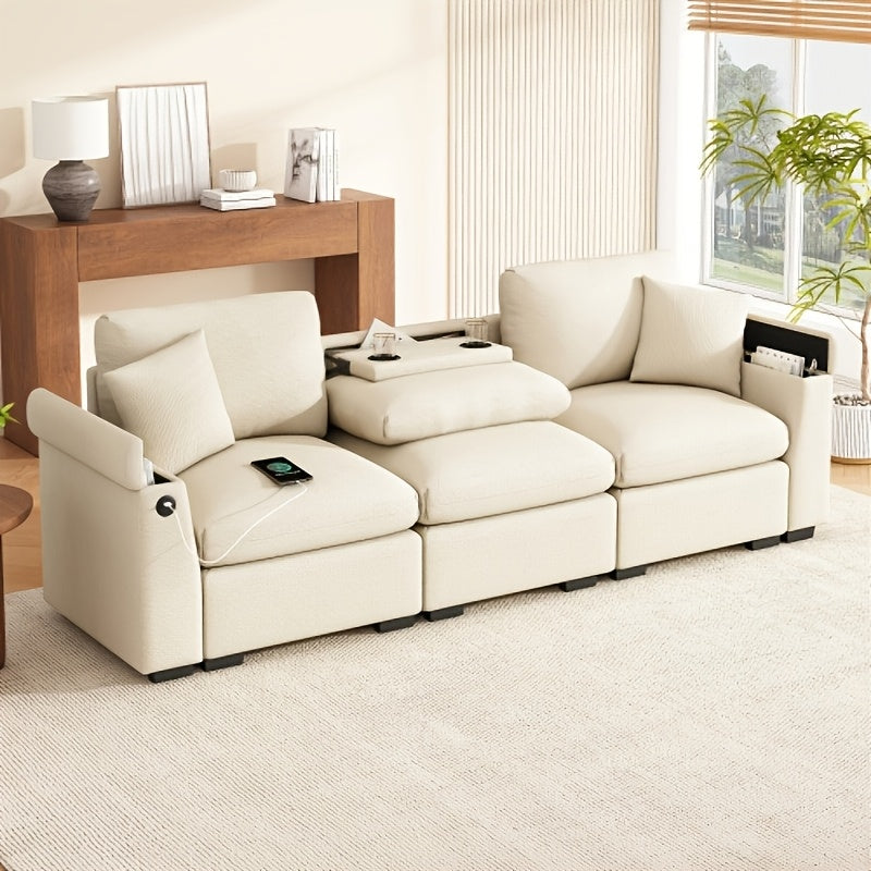 3-Zits Bank – Hoekbank – Slaapbank – Loveseat – Convertible Bank – Inklapbare Tafel – Bamboe Frame Met Opbergruimte – Licht Beige Katoen – Ruimtebesparend Multifunctioneel Design