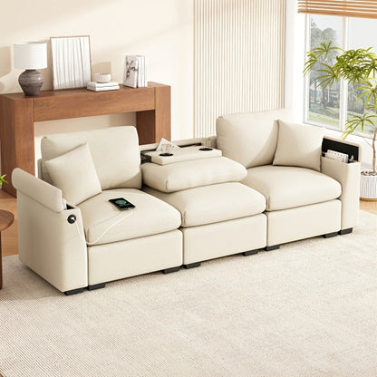 3-Zits Bank – Hoekbank – Slaapbank – Loveseat – Convertible Bank – Inklapbare Tafel – Bamboe Frame Met Opbergruimte – Licht Beige Katoen – Ruimtebesparend Multifunctioneel Design