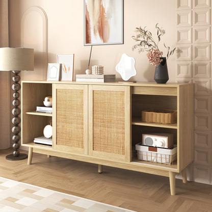 Bamboekast – Opbergkast – Ladekast – Kast – Boekenkast – Vloerstaande Kast – 3 Schuifdeuren – 2 Lades – Duurzaam Bamboe – Ruime Opbergruimte 155x38x80 cm