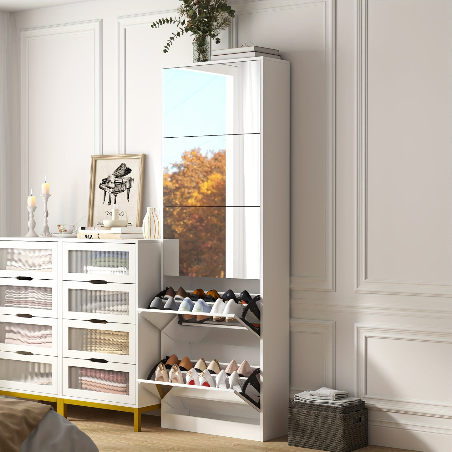 Shoe Storage Unit with a Full-Length Mirror, Featuring a Double Rack And Five Flip Drawers, Designed in White Wood for Organizing Shoes in Entryways, Hallways, And Corridors.