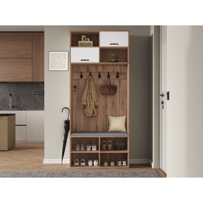 Kapstok – Halmeubel – Garderoberek – Zitbank – Opbergmeubel – 5 Haken – 2 Deuren Met 6 Open Vakken – Natuurlijk Hout Met Wit – 80x185x35 cm