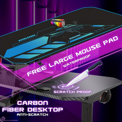 Gaming Bureau – Game Bureau – Gaming Desk – Computerbureau – Werkplek – Ergonomisch Design – Volledig Carbon Fiber Muismatoppervlak – Bekerhouder en Headset Haak – Zwart Met Blauwe Accenten – 160x75x75 cm