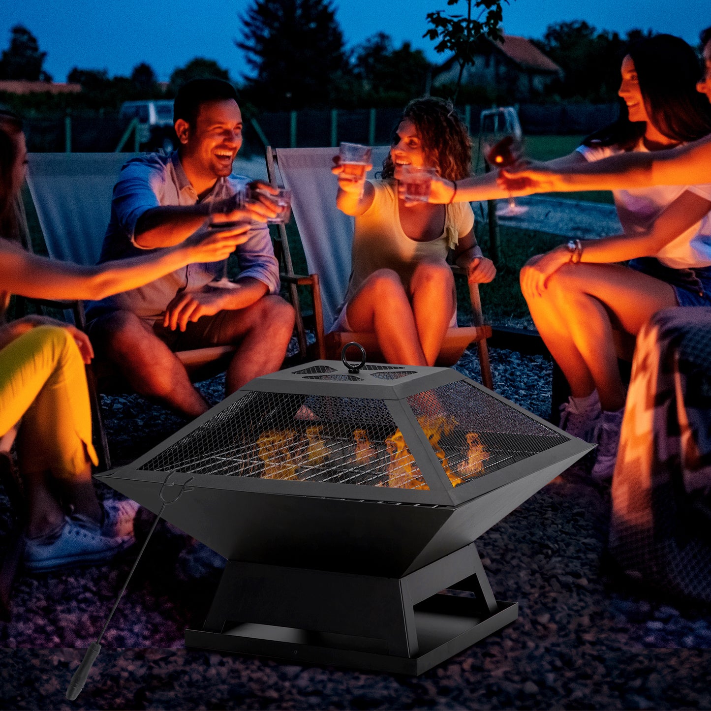 Vuurschaal – Vuurkorf – Buitenhaard – Sfeerhaard – BBQ Vuurpot – Roestvrij Staal – 45x45x34 cm – Inclusief Vonkenscherm en Vuurmand