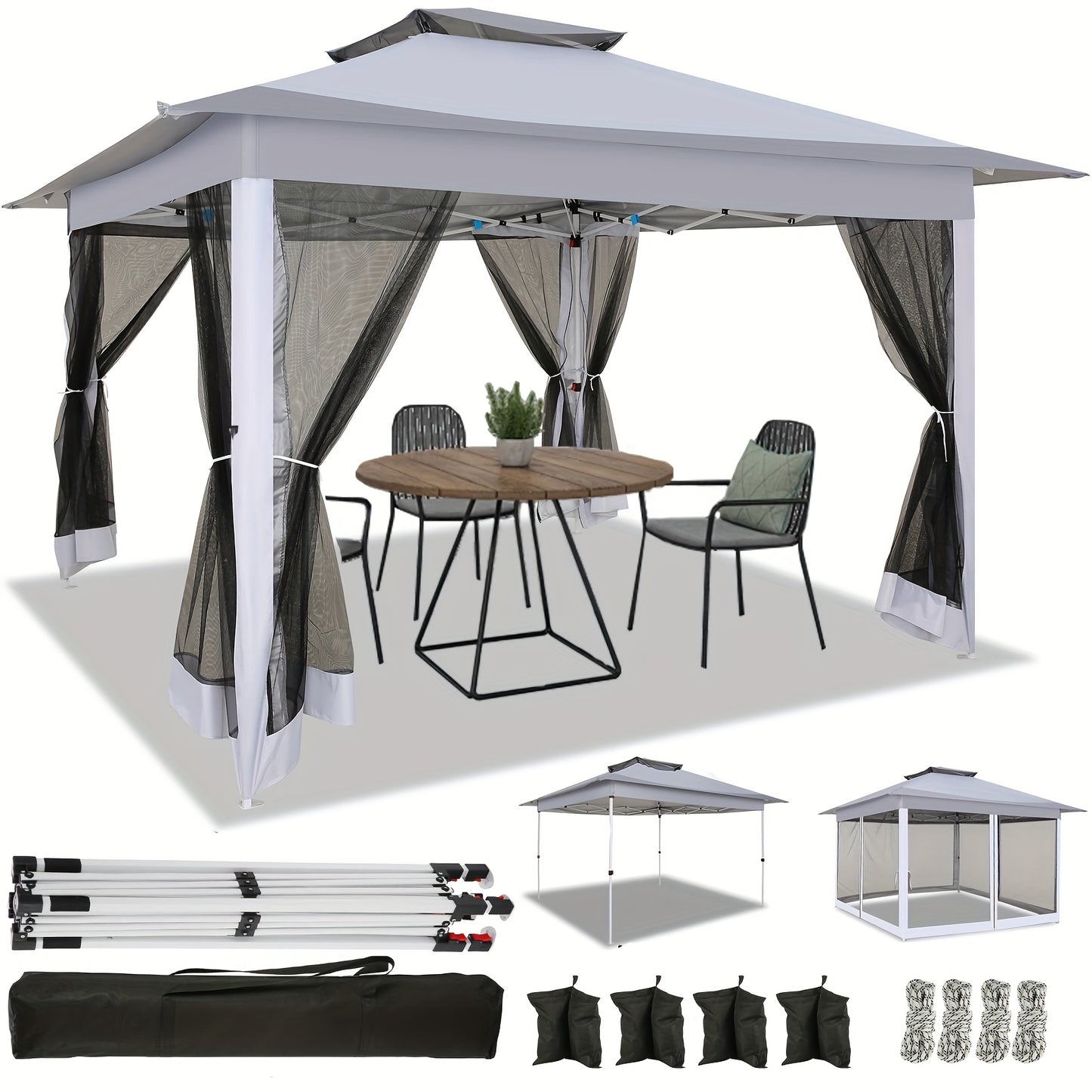 3.66x3.66meter Pop-Up Tent with 4 Mosquito Net Side Walls, Double Roof Design, Height Adjustable, Carry Bag Included - Ideal for Beach, Outdoor, Terrace Use, Beach Tent, Outdoor Shelter, Modern Shelter, Durable Fabric