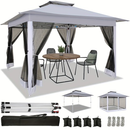 3.66x3.66meter Pop-Up Tent with 4 Mosquito Net Side Walls, Double Roof Design, Height Adjustable, Carry Bag Included - Ideal for Beach, Outdoor, Terrace Use, Beach Tent, Outdoor Shelter, Modern Shelter, Durable Fabric