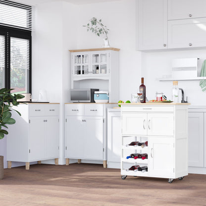 Keukenopberger – Serveerwagen – Keukenwagen – Opbergkast – Wijnrek – Wit met Rubberwood Blad – Mobiel met Wieltjes en Remmen – Ruime Lade en 9 Flessenhouder