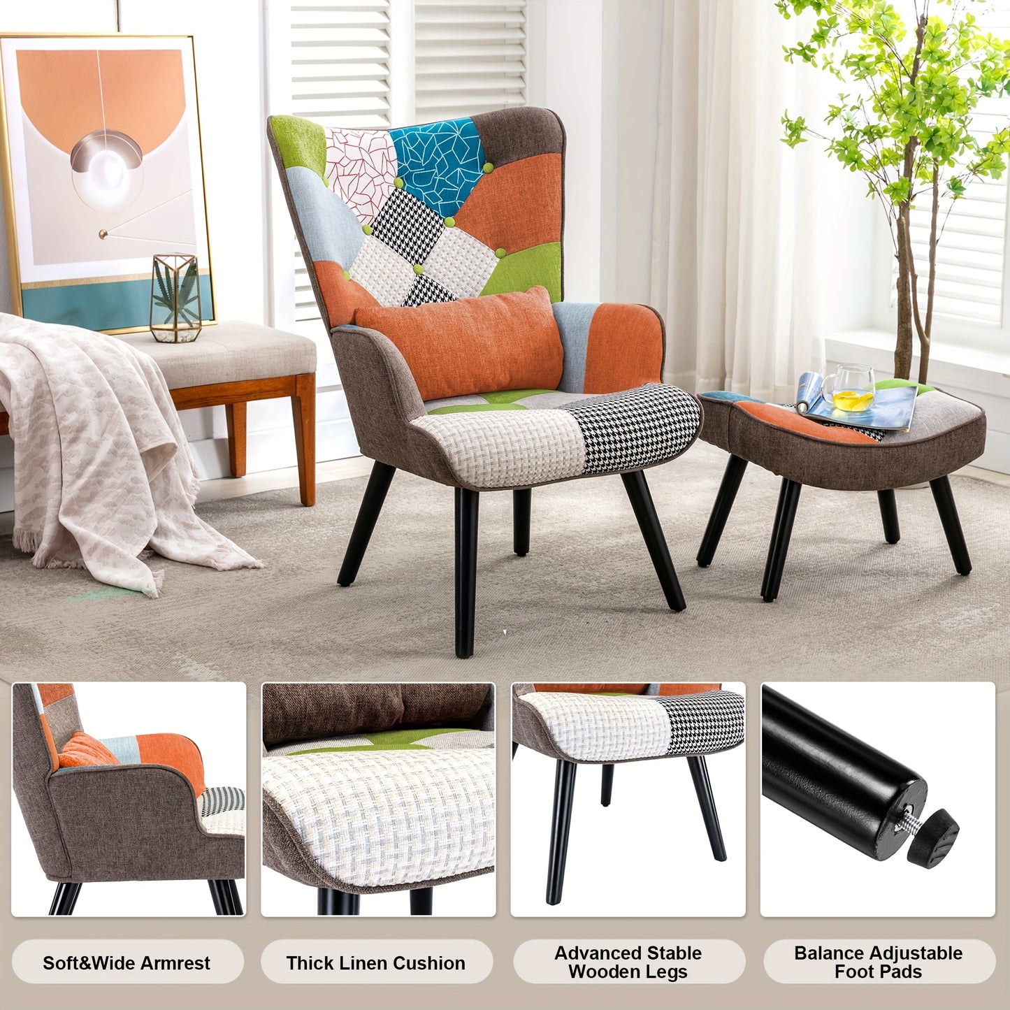 Lezenstoel – Fauteuil – Relaxstoel – Lounge Chair – Leesstoel – Hoog Rugleuning Design – Patchwork Stofmix Met Voetkruk