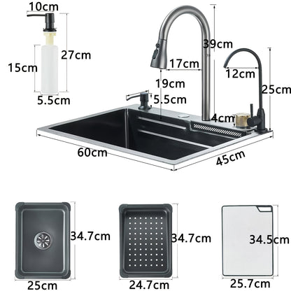 1 Set Built-in Waterfall Sink Single Bowl Kitchen Sinks, High-End Kitchen Deluxe Stainless Steel, Includes 3-In-1 Faucet, Cup Wash And Drain KitStainless Steel Bar Sink with Pull Down Sprayhead Faucet, Gun Gray Or Brushed Gol