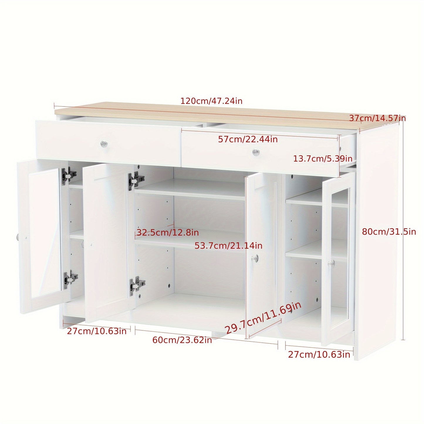 Dressoir – Sideboard – Opbergkast – Kast – Commode – Wit Houtnerf – Glasdeuren & Lades – MDF & Hardhout – Vrijstaand
