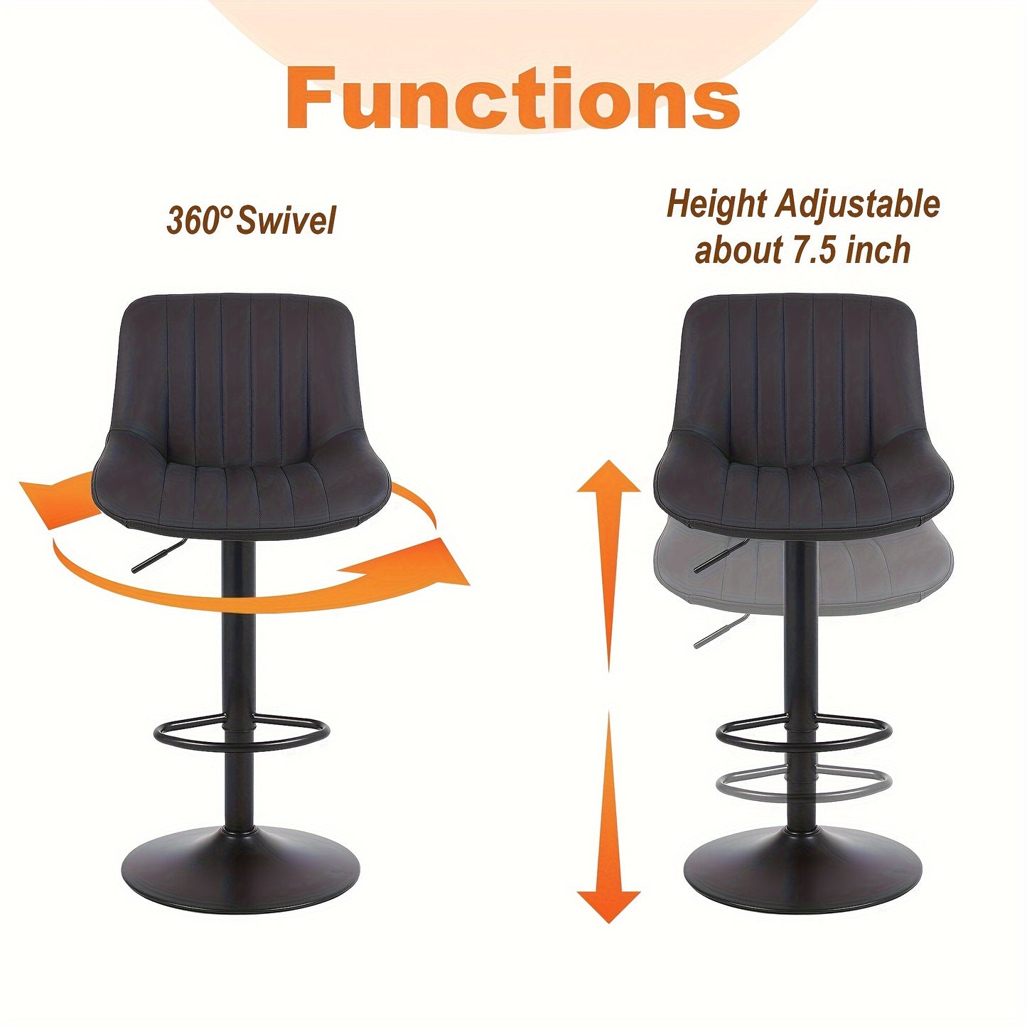 Barkrukken Set van 2 – Barstoelen – Keukenstoelen – Barkrukken Zonder Arm – Verstelbare Krukken – Hoogwaardige PU Leren Bekleding – 360° Draaibaar Met Gaslift – Zwart Bruin