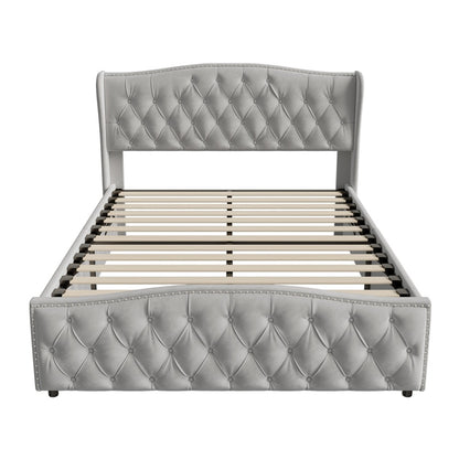 Tweepersoonsbed – Bed met Opbergruimte – Opbergbed – Boxspring – Staanderbed – Grijs 160x200 cm – Stevig MDF Frame – Luxe Fluwelen Bekleding