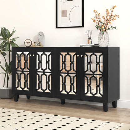 Black Mirrored Sideboard with Cool Crystal Handles, Four Doors And Removable Shelves. Suitable for Living And Dining Rooms, Dimensions: 160 X 40 X 84cm