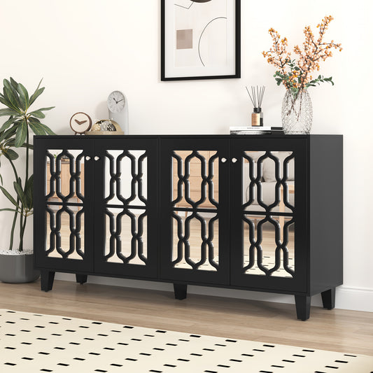 Black Mirrored Sideboard with Cool Crystal Handles, Four Doors And Removable Shelves. Suitable for Living And Dining Rooms, Dimensions: 160 X 40 X 84cm