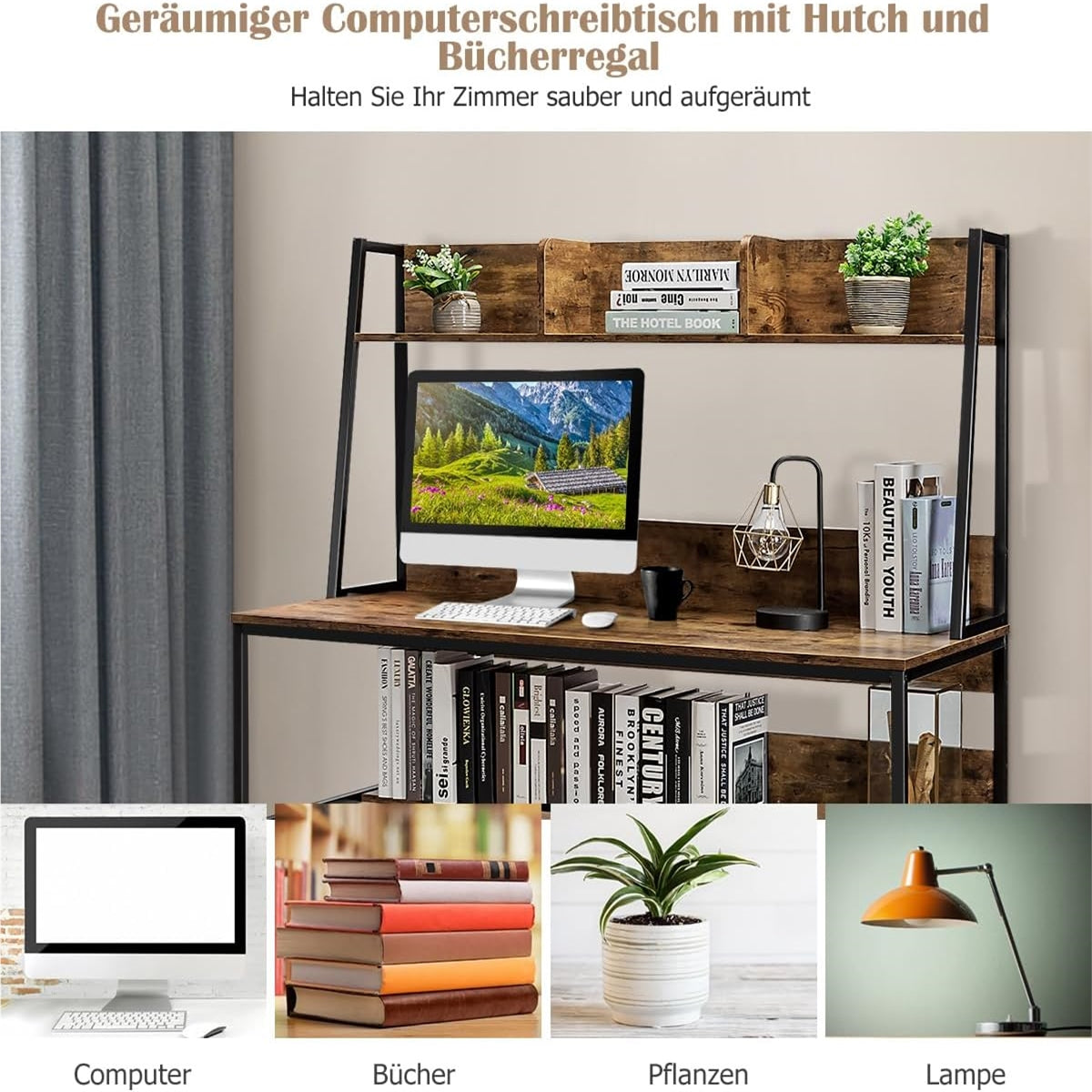 Bureau – Werktafel – Computerbureau – Schrijftafel – Studiebureau – Houtfineer Met Metalen Frame – Verstelbare Voeten – Opbergrek