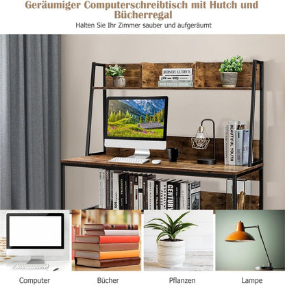 Bureau – Werktafel – Computerbureau – Schrijftafel – Studiebureau – Houtfineer Met Metalen Frame – Verstelbare Voeten – Opbergrek