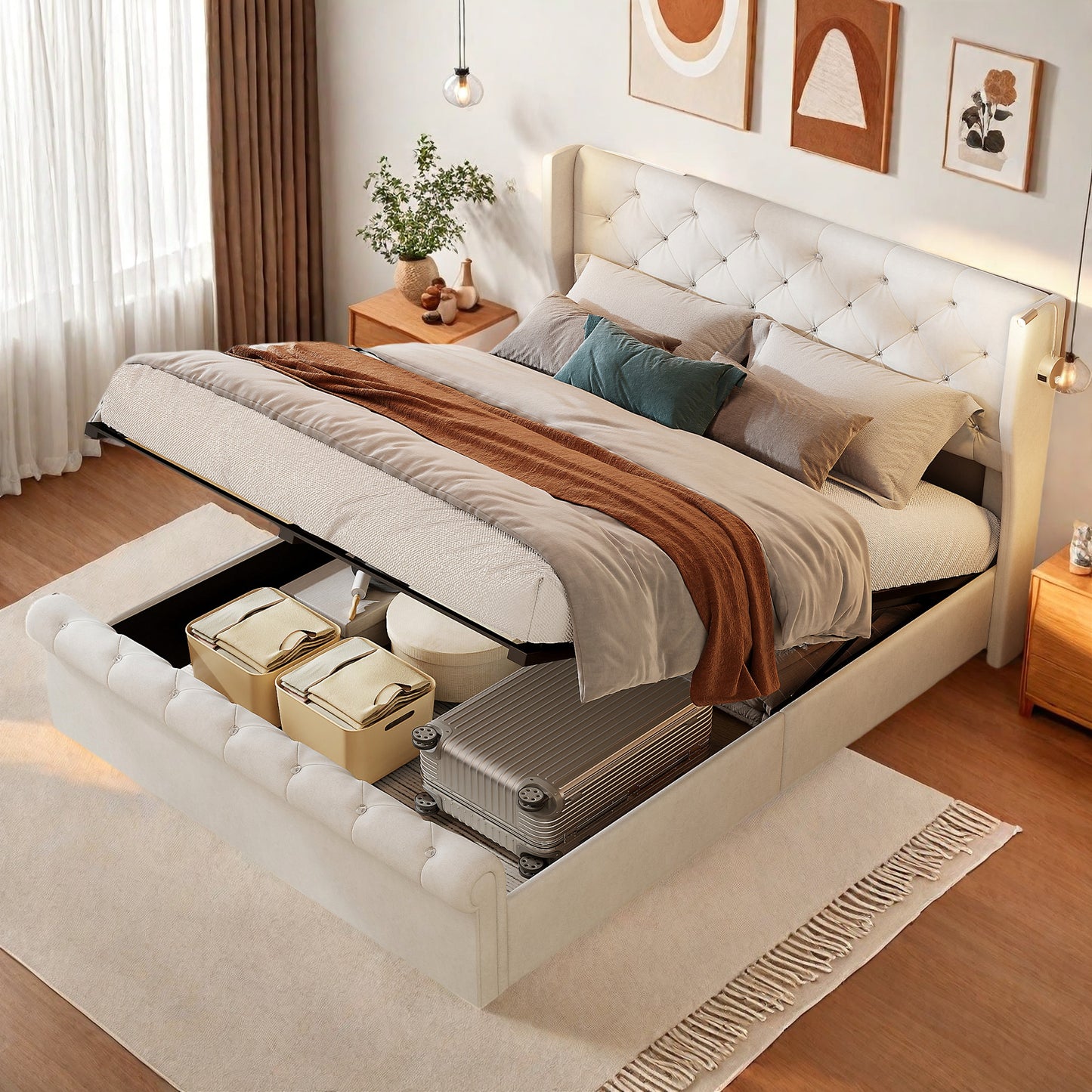 Opbergbed – Tweepersoonsbed – Bedframe – Fluwelen Bed – Stijlvol Bed – 160 x 200 cm – Hydraulische Lift – LED Leeslicht met USB Poorten
