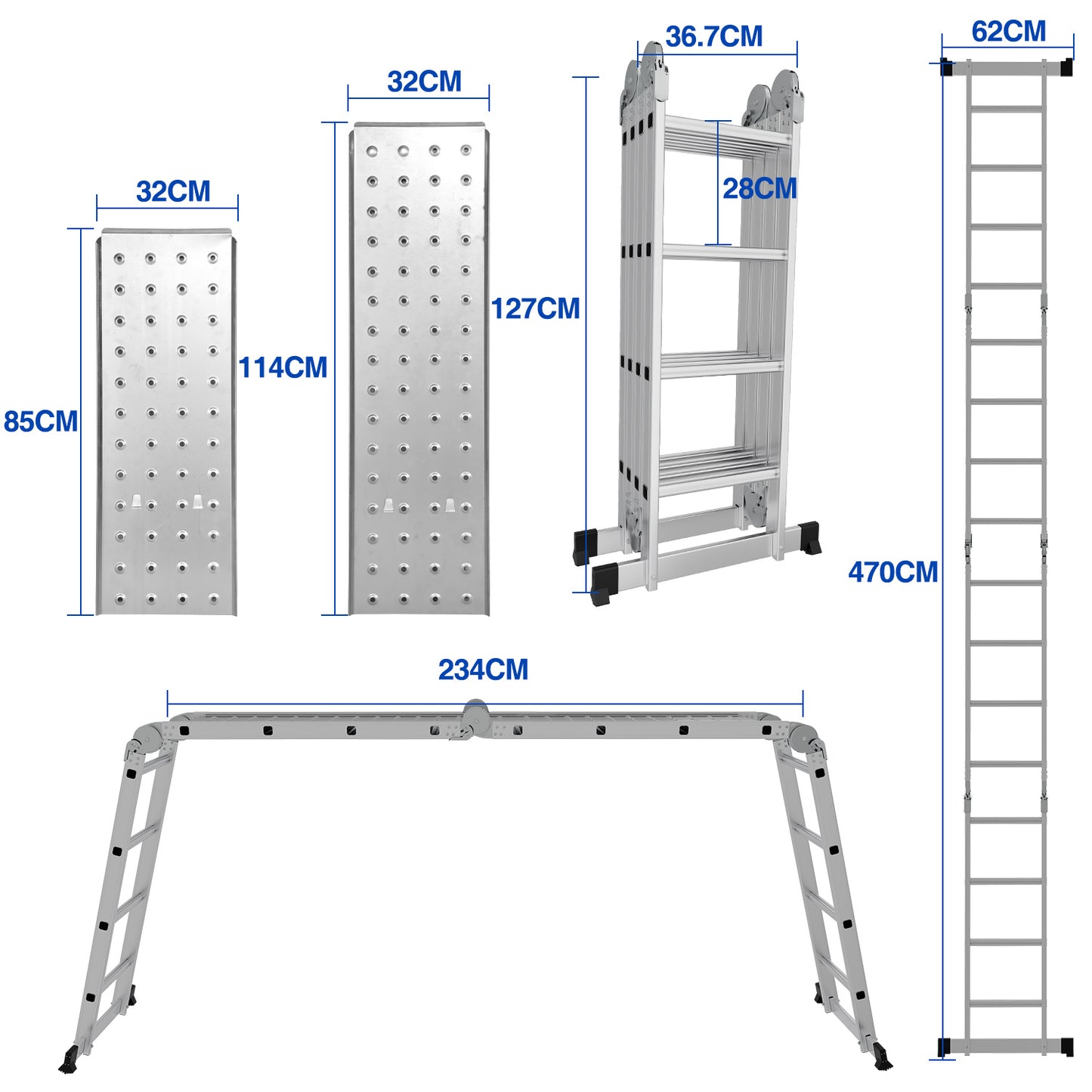 Vouwladder – Multifunctionele Ladder – Aluminium Ladder – Telescopische Ladder – Combiladder – 4x4 Treden – Max. 150 kg Belastbaar – Inklapbaar Met Platform