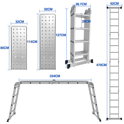 Vouwladder – Multifunctionele Ladder – Aluminium Ladder – Telescopische Ladder – Combiladder – 4x4 Treden – Max. 150 kg Belastbaar – Inklapbaar Met Platform