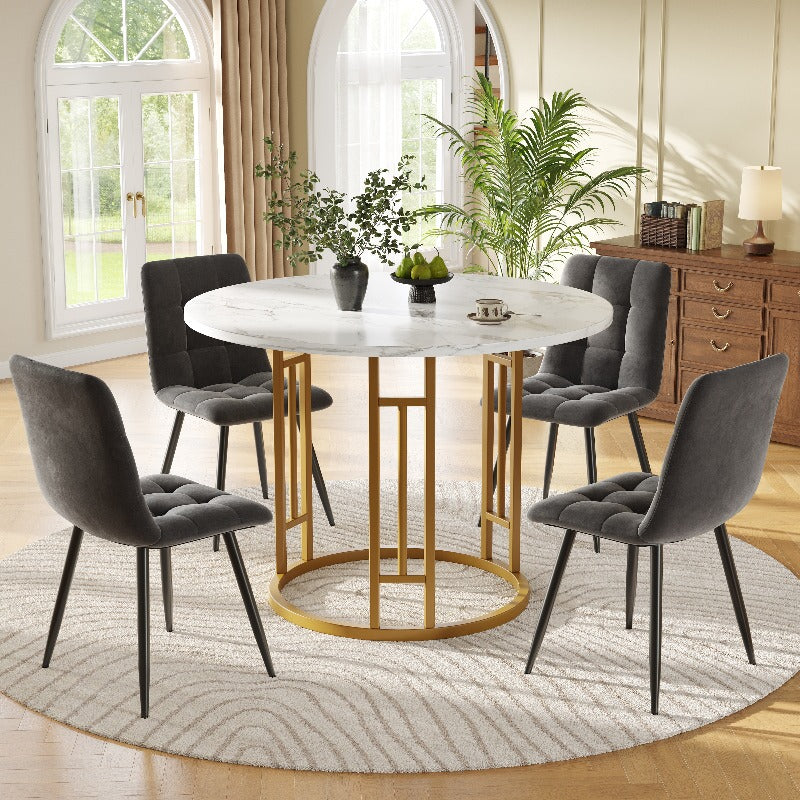 Eettafelset – Eethoek – Diningset – Keukentafelset – Zitgroep – Ronde Tafel 80 cm – MDF Marmerlook Blad – Gouden Metalen Poten – Grijze Comfortabele Stoelen