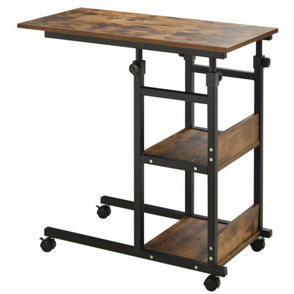 Verstelbare Salontafel – Bijzettafel – Koffietafel – Wieltjes Tafel – Opbergtafel – Verstelbare Hoogte 72-82 cm – Zwart Metaal & Hout