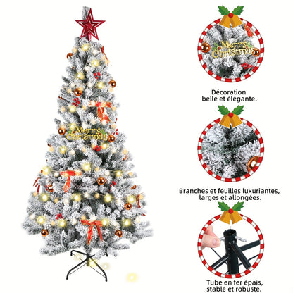 Kunstkerstboom – Kerstboom – Kunstboom – Nepkerstboom – Sierkerstboom – 210 cm Groot – Vooraf Versierd Met Flock – Met Metalen Standaard – Voor Binnen & Buiten