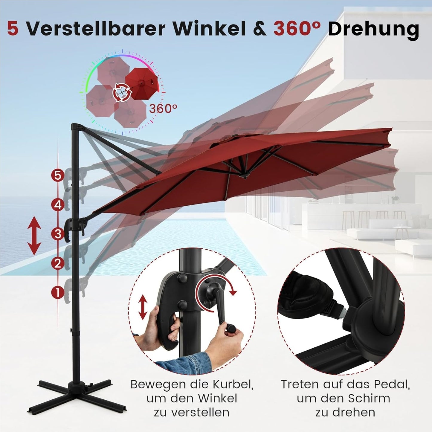 Parasol – Zweefparasol – Stokparasol – Tuinparasol – Marktparasol – Ø 300 cm – Kantelbaar en 360° Draaibaar – Rood Polyester